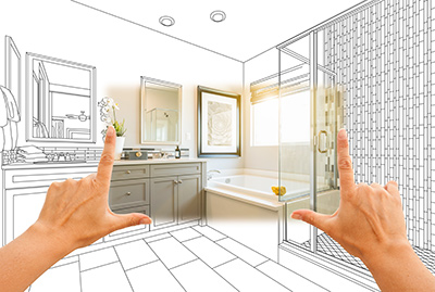 custom home builders in New Jersey black and white pen sketch of bathroom with partial view of actual room framed by fingers